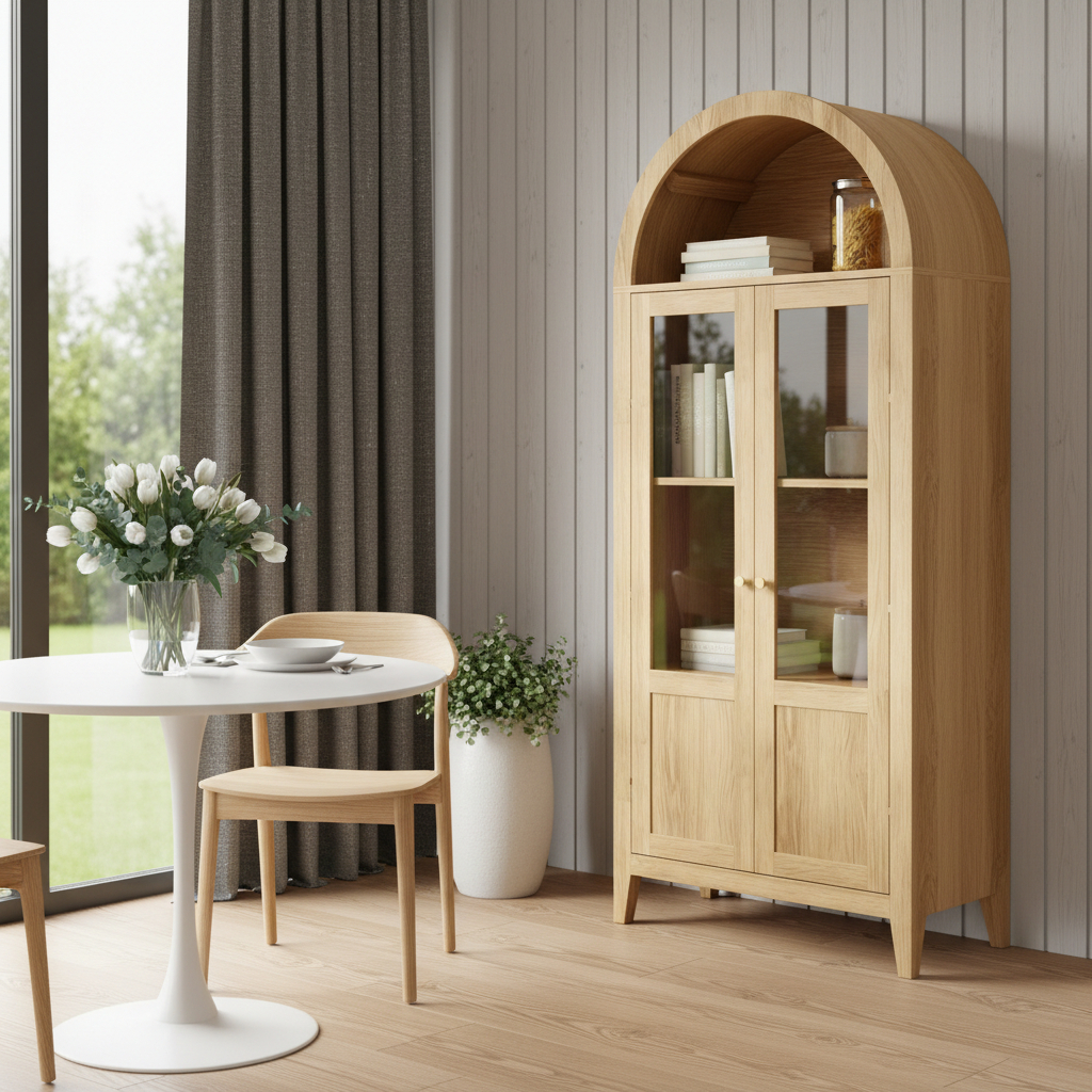 712237 71 in. Natural Arched Accent Cabinet with Two Glass Panel Doors
