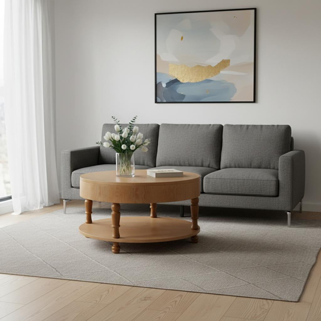 694836 32 in. Natural Wood Round Coffee Table with Hidden Storage & Shelf