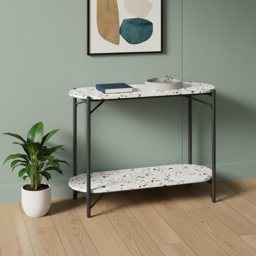 668867 36 in. White & Black Faux Terrazzo & Steel Oval Console Table with Shelf