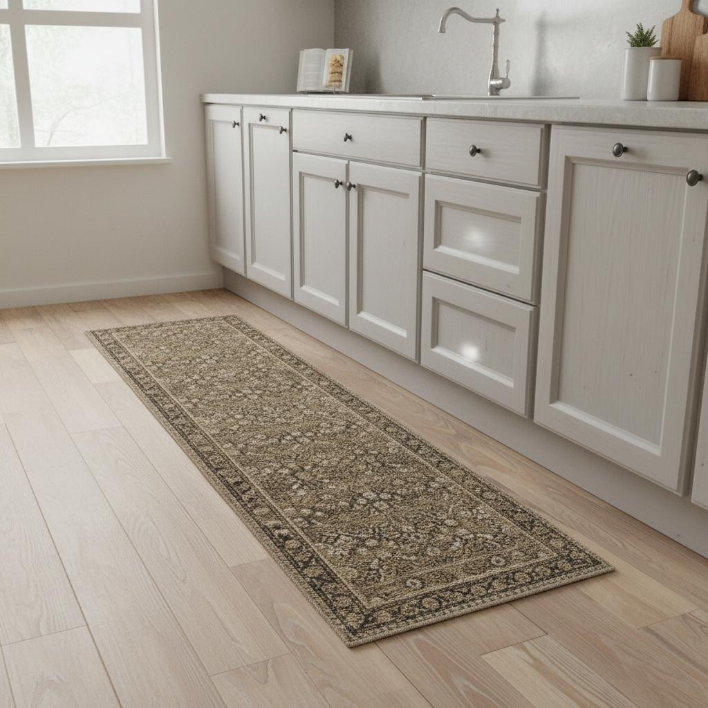 701235 8 ft. Brown Ivory & Tan Floral Medallion Washable Runner Rug