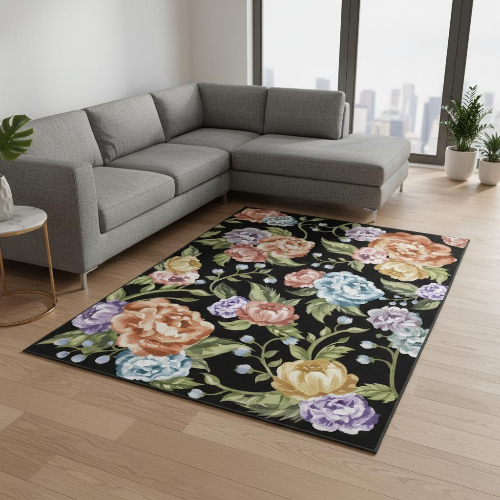 698918 8 x 10 ft. Black Green & Orange Floral Washable Rectangle Area Rug