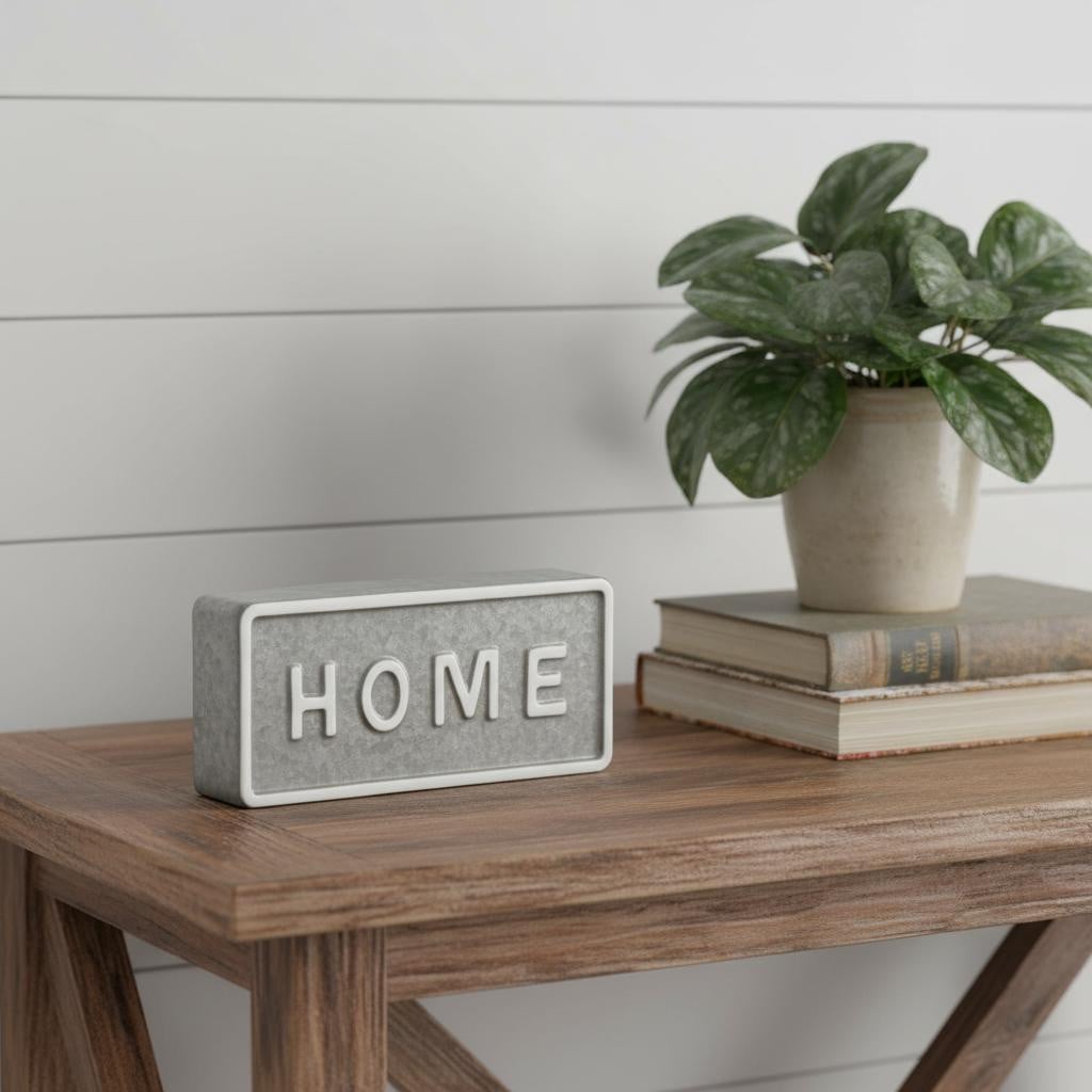 635388 4 in. Gray & White Metal Home Hand Painted Tabletop Sign