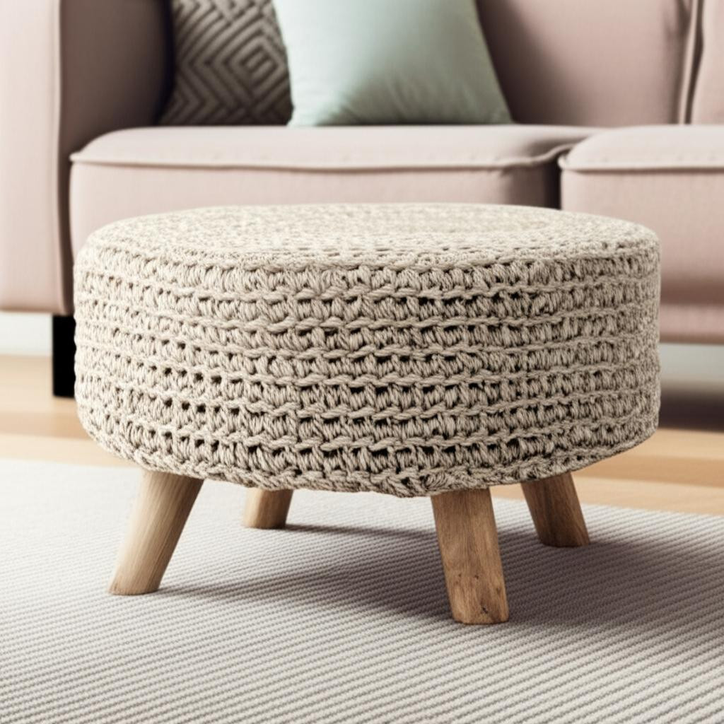 606713 24 in. Gray & Brown Wool Round Footstool