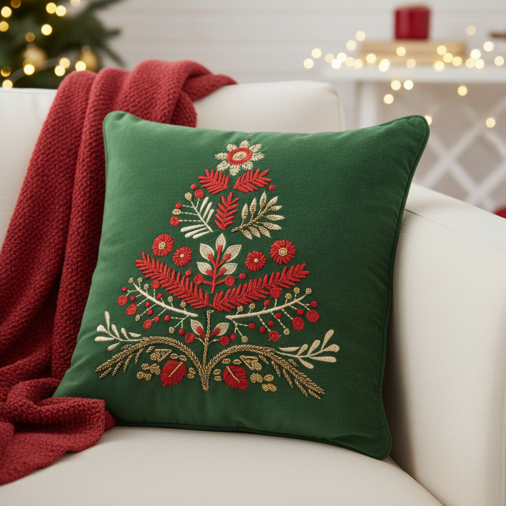 719258 18 in. Green & Red Floral Velvet Cotton Christmas Tree Throw Pillow