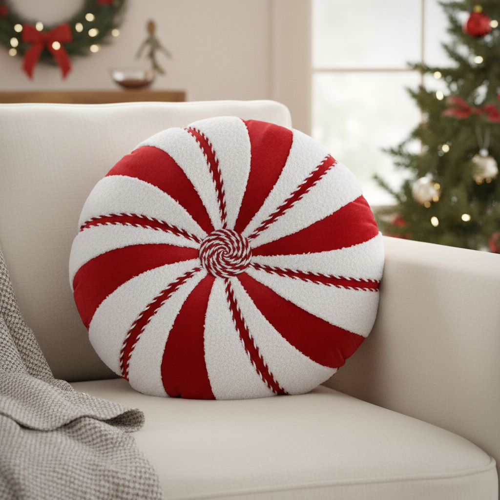 719248 16 in. Red & White Cotton Velvet Round Christmas Striped Throw Pillow