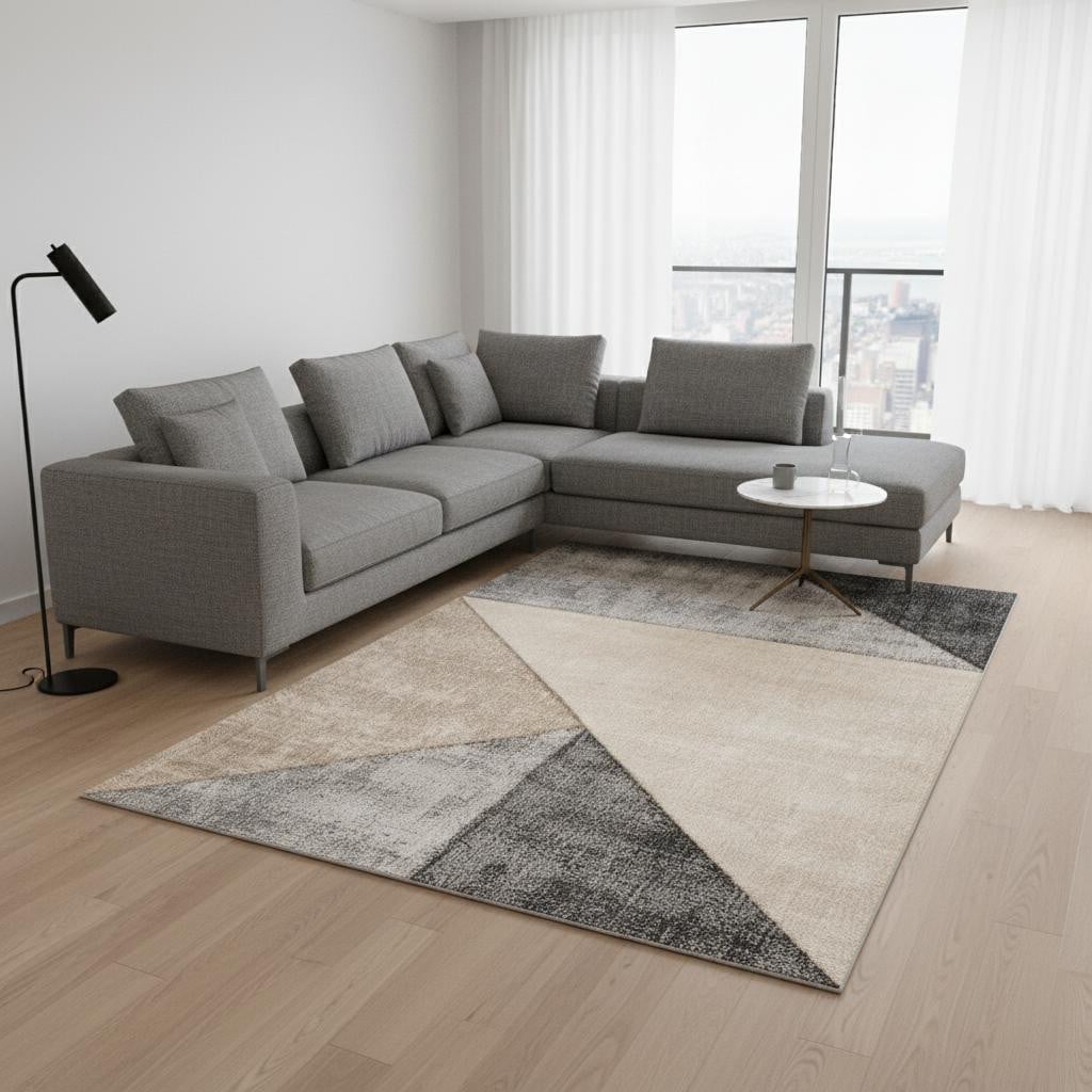 660321 7 x 10 ft. Modern Machine Made Geometric Rectangle Area Rug, Gray & Cream - Beige