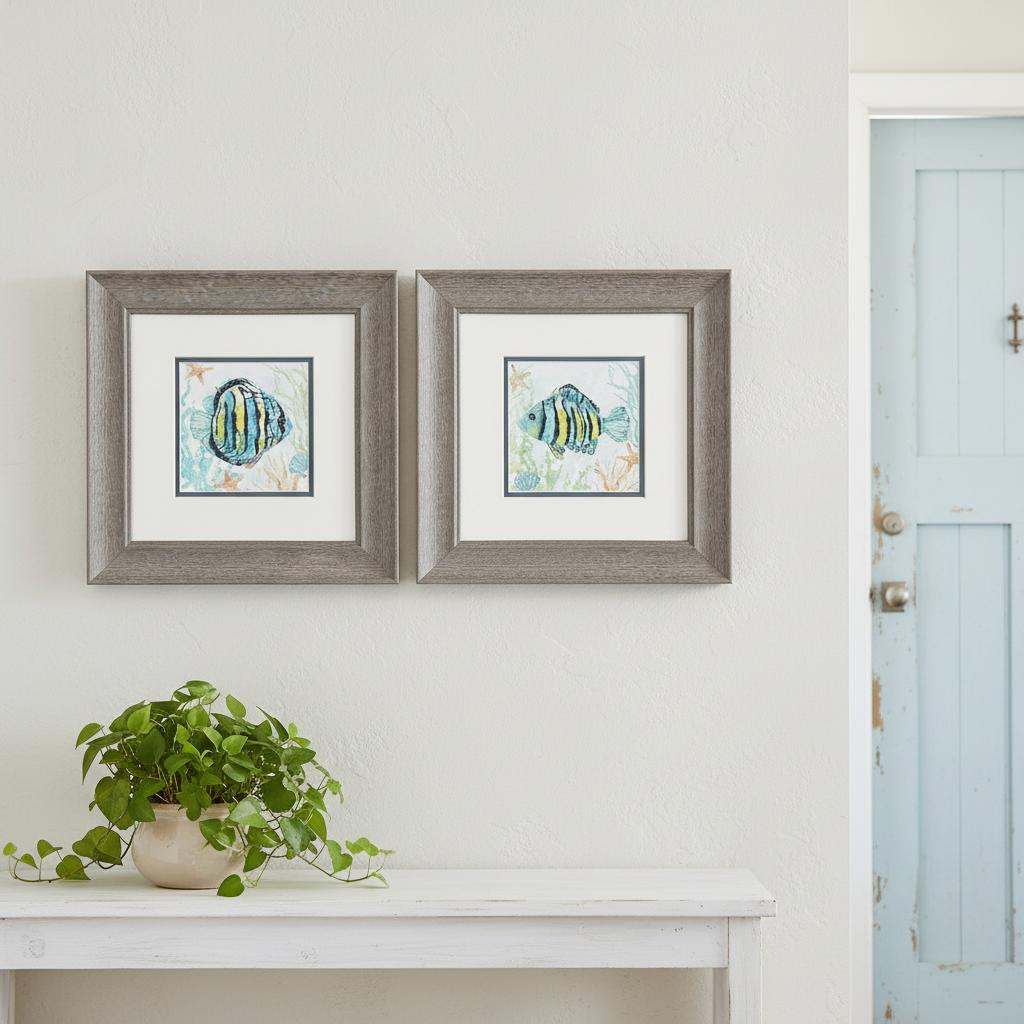 653062 Striped Tropical Fish Brown Framed Wall Art, Set of 2