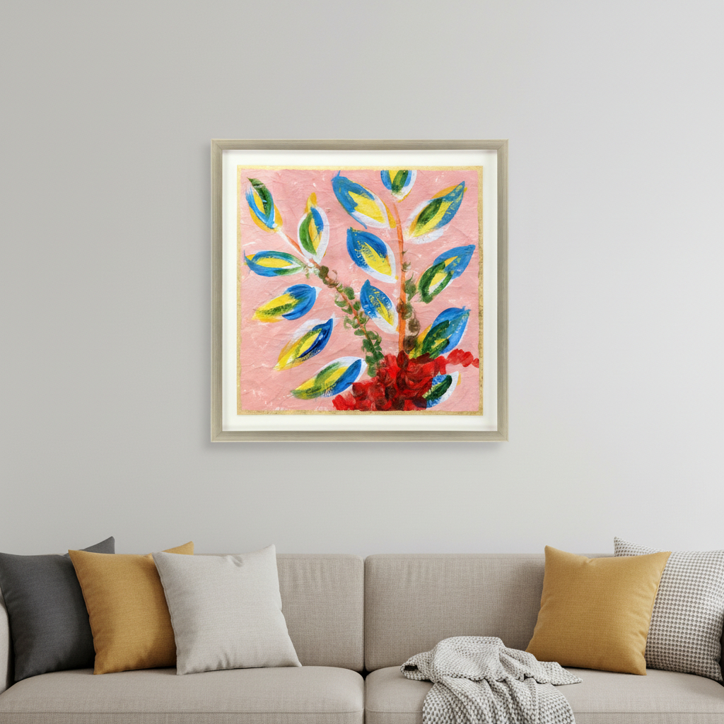 649182 Vibrant Pink & Blue Modern Floral Giclee Silver Framed Wall Art