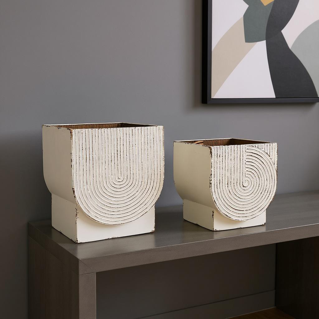 609419 20 oz White Metal Rectangular Pot Planters, Set of 2