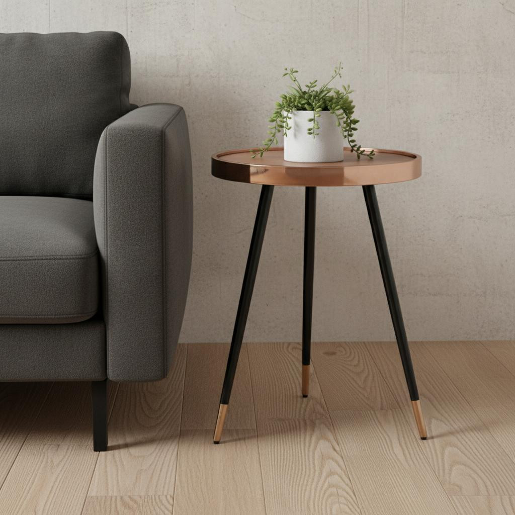 719955 24 in. Walnut Black & Rose Gold Wood & Stainless Steel Round End Table