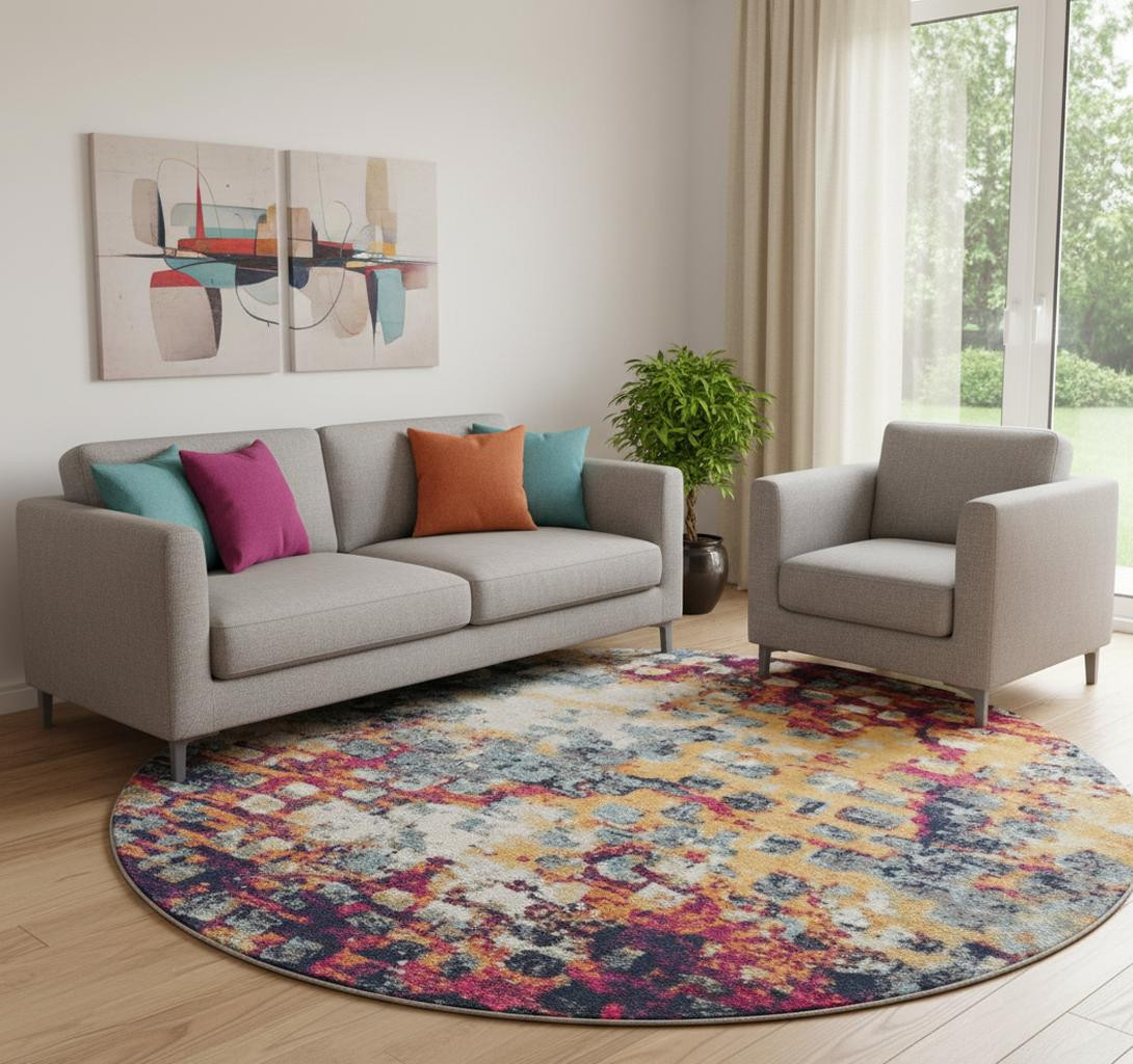 581797 8 x 8 ft. Yellow & Blue Abstract Round Rug