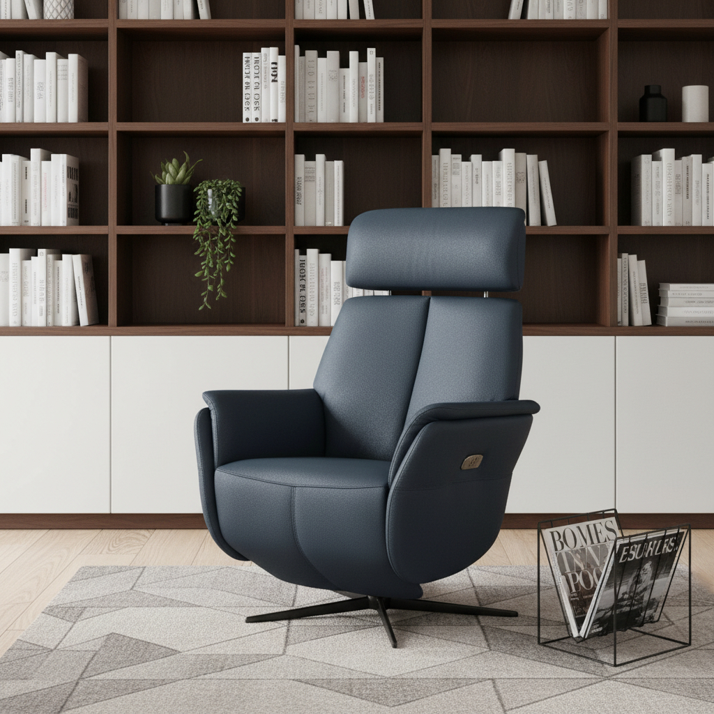 722464 28 in. Blue Genuine Leather Power Swivel Recliner