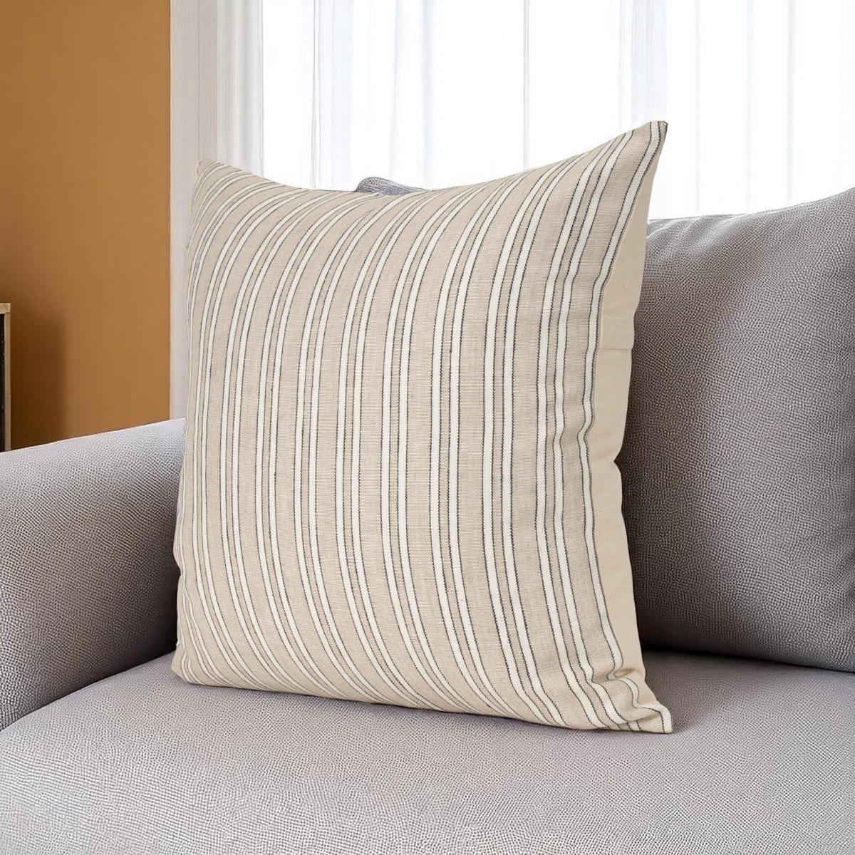 608196 22 in. Beige & Black Striped Cotton Blend Throw Pillow Cover with Texture
