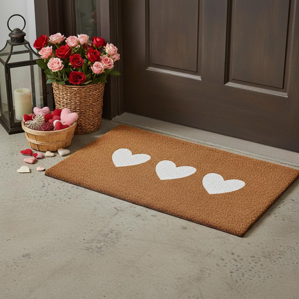 719903 24 x 36 in. Brown & White Three Hearts Outdoor Coir Rectangle Door Mat