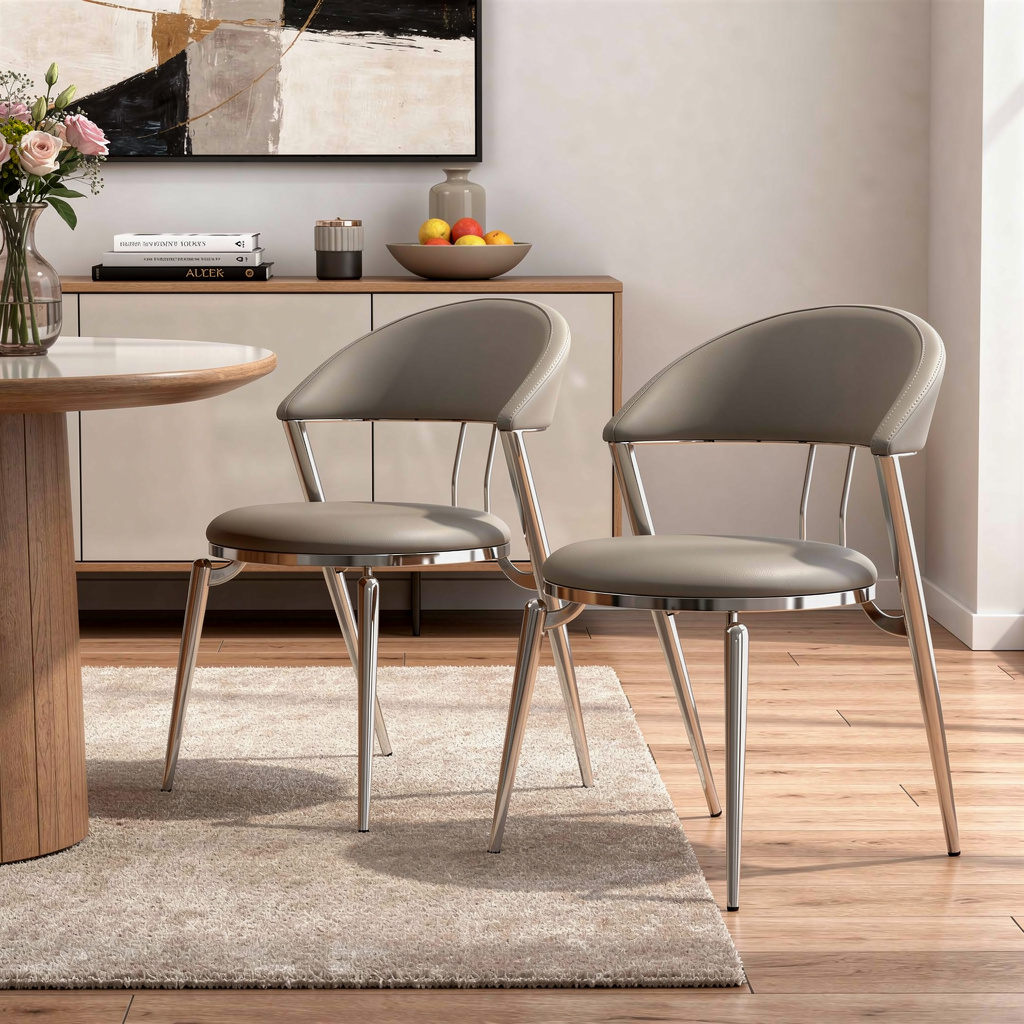 719101 Gray & Silver Faux Leather & Stainless Steel Open Back Dining Side Chairs, Set of 2