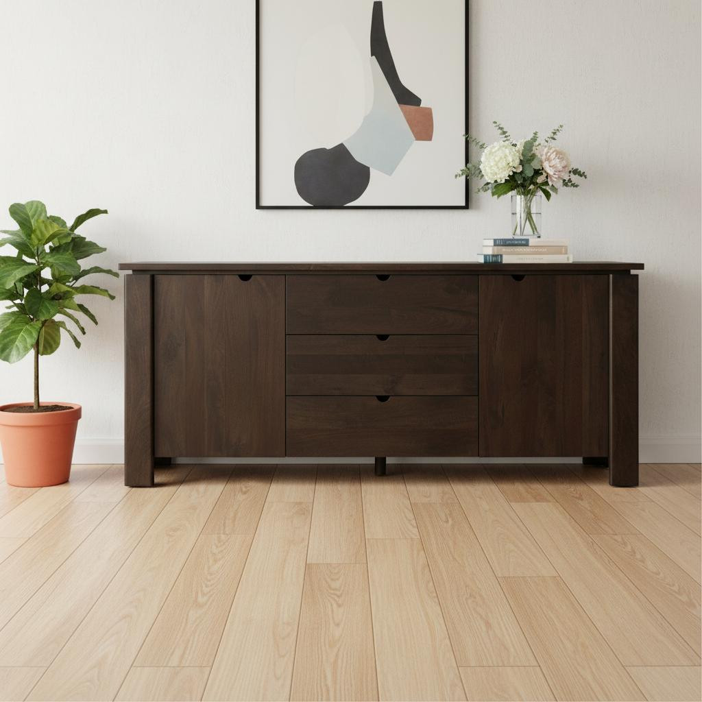 611011 79 in. Brown Solid Wood Three Drawer Sideboard Soft Close with Two Doors