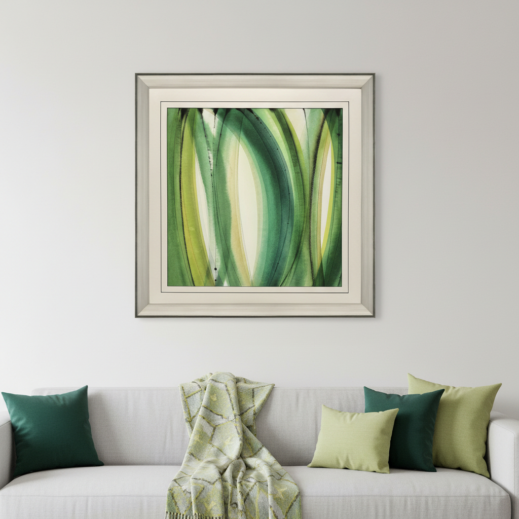 654101 Modern Abstract Green Leaves Silver Framed Wall Art