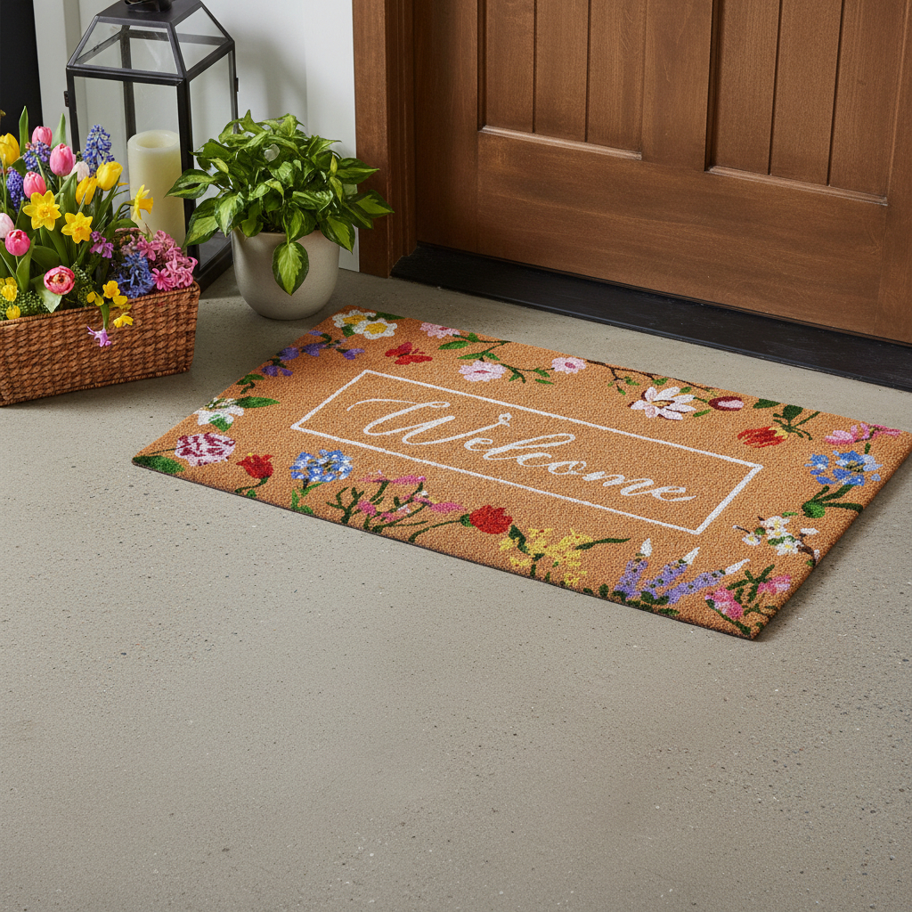 721295 17 x 29 in. Brown White & Green Floral Welcome Outdoor Coir Rectangle Door Mat