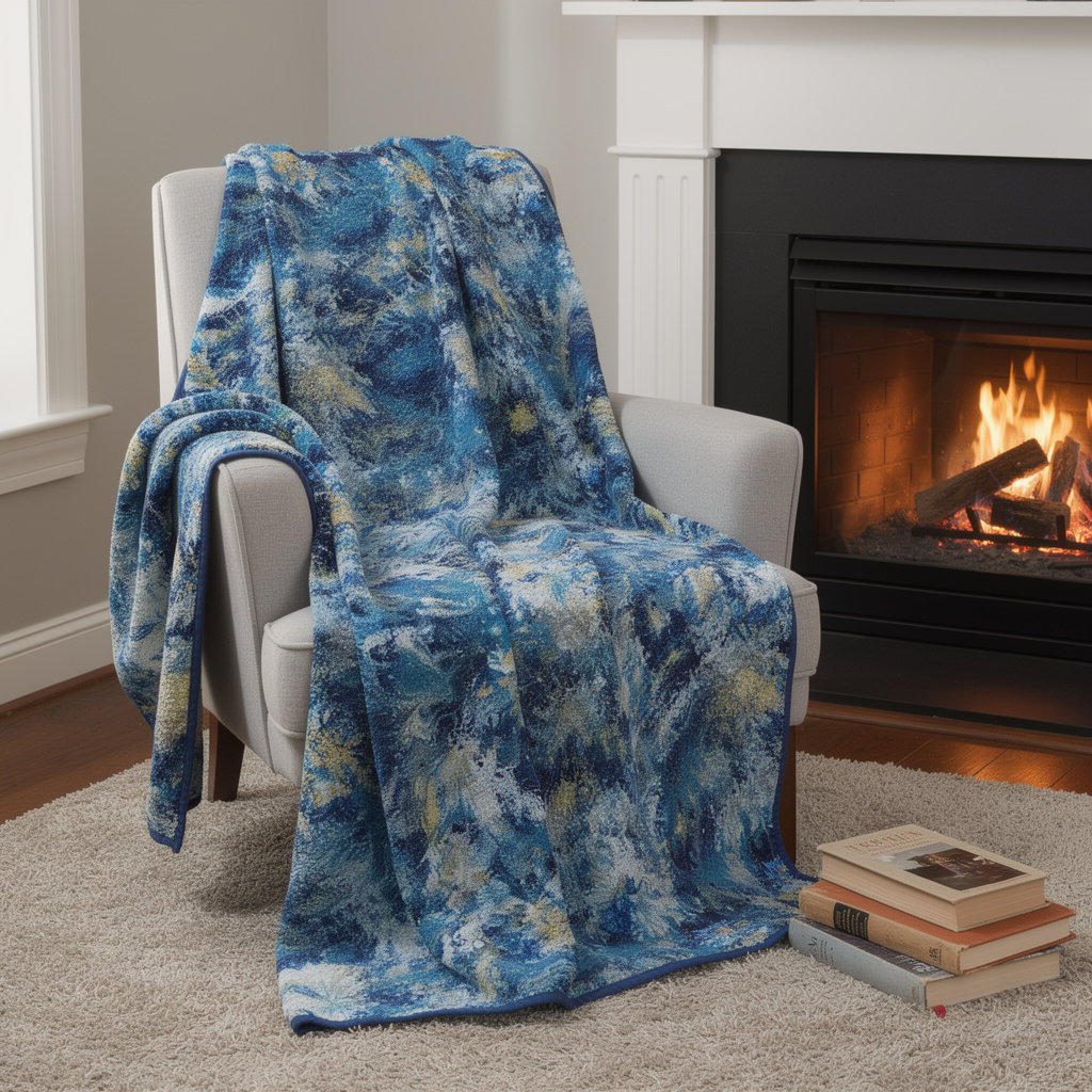 712317 50 x 70 in. Blue Ivory & Gold Abstract Microfiber Plush Throw Blanket