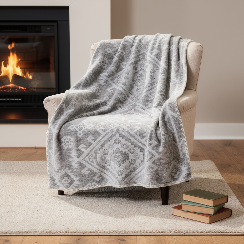 712351 50 x 70 in. Pewter & Beige Southwestern Microfiber Plush Throw Blanket