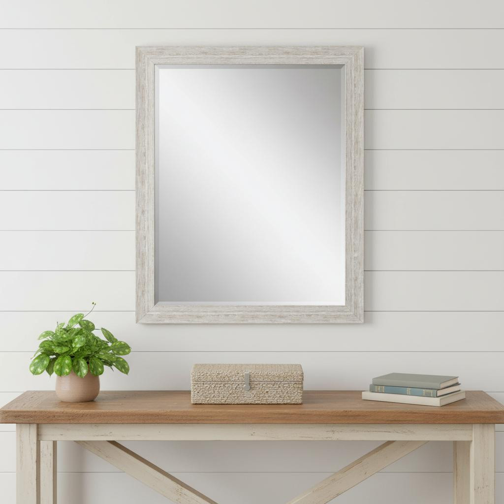 632850 34 in. White Distressed Wood Framed Accent Mirror