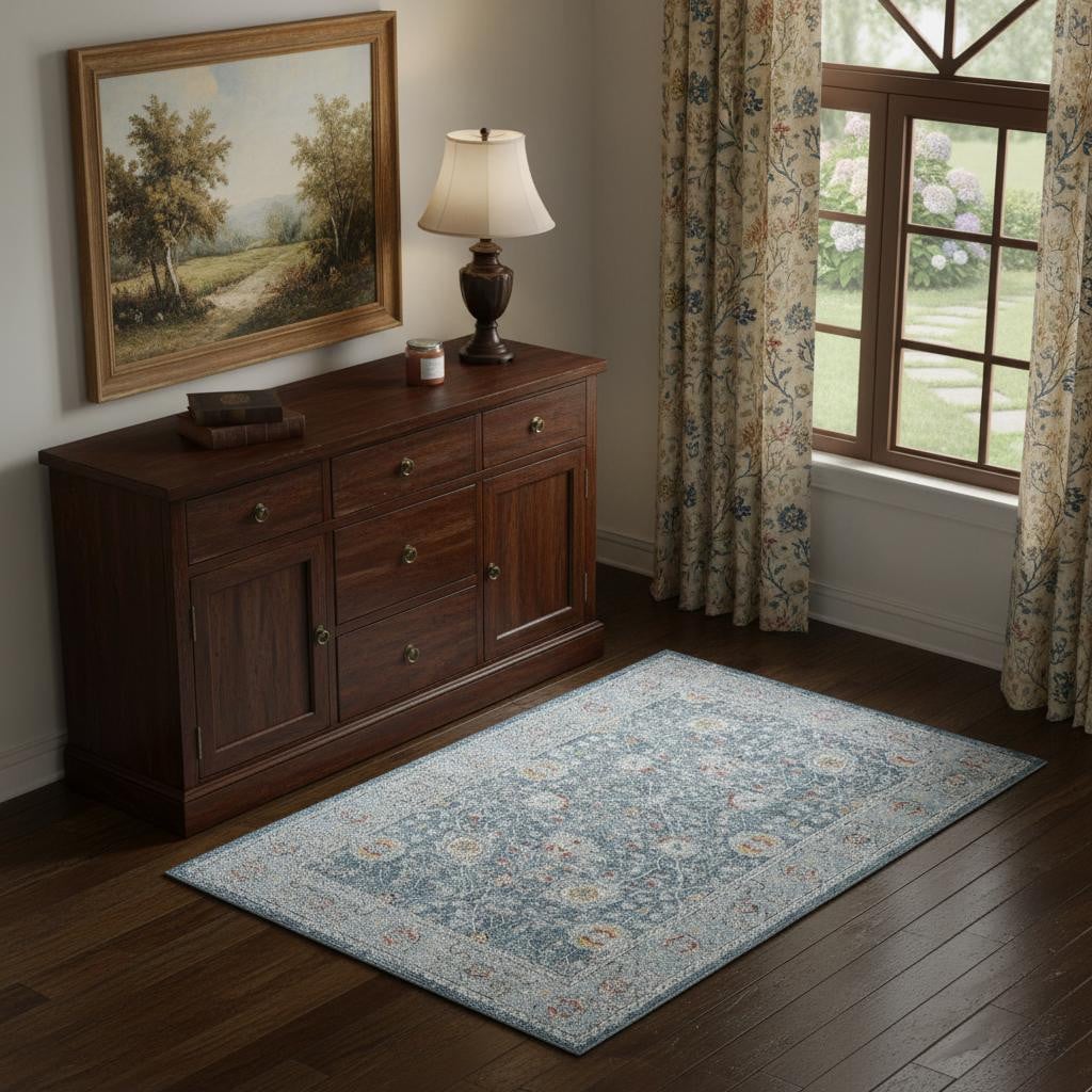 674588 4 x 6 ft. Blue & Ivory Floral Rectangle Area Rug with UV Protection