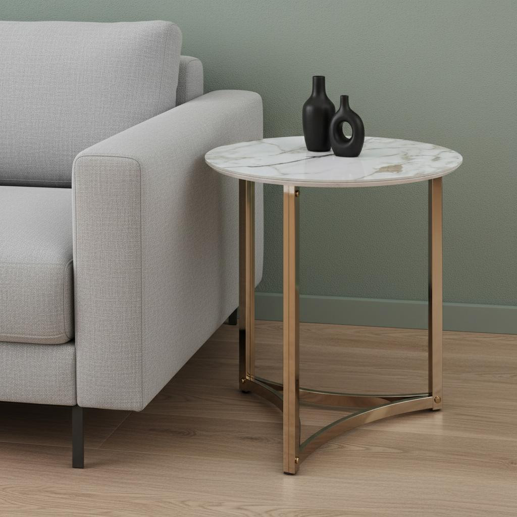 720251 24 in. White & Champagne Stone & Metal Round Frame End Table