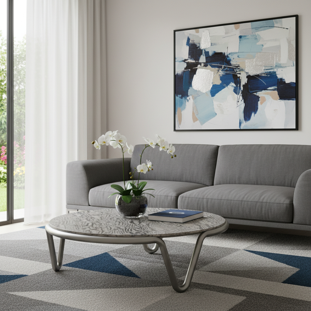 714604 55 in. Gray & Silver Wood & Stainless Steel Round Coffee Table