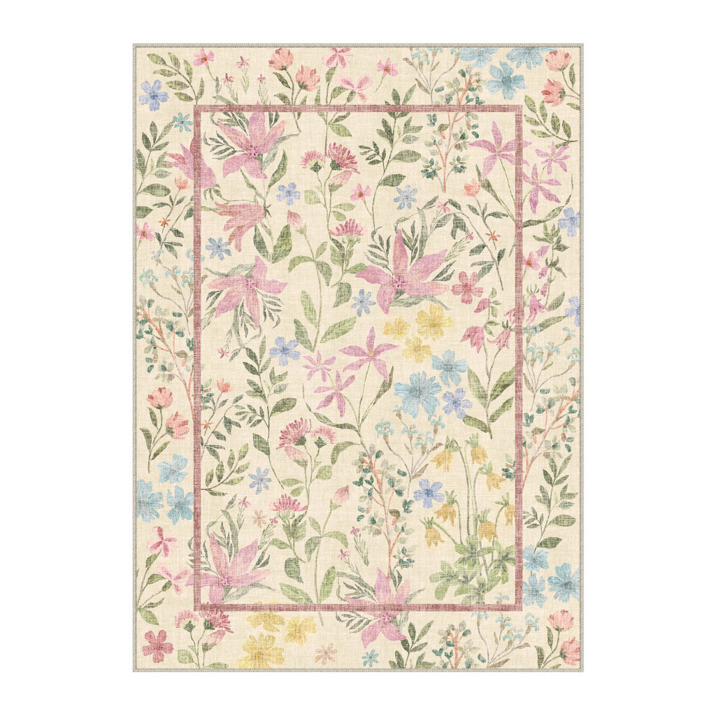 713561 5 x 7 ft. Ivory Pink & Green Floral Washable Rectangle Area Rug