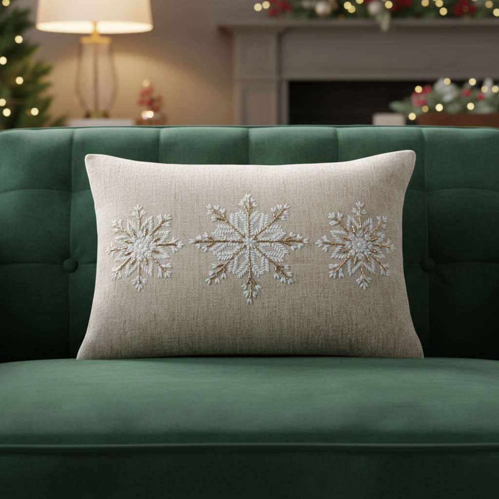 719255 14 x 20 in. Beige Ivory & Gold Christmas Snowflakes Throw Pillow with Embroidery