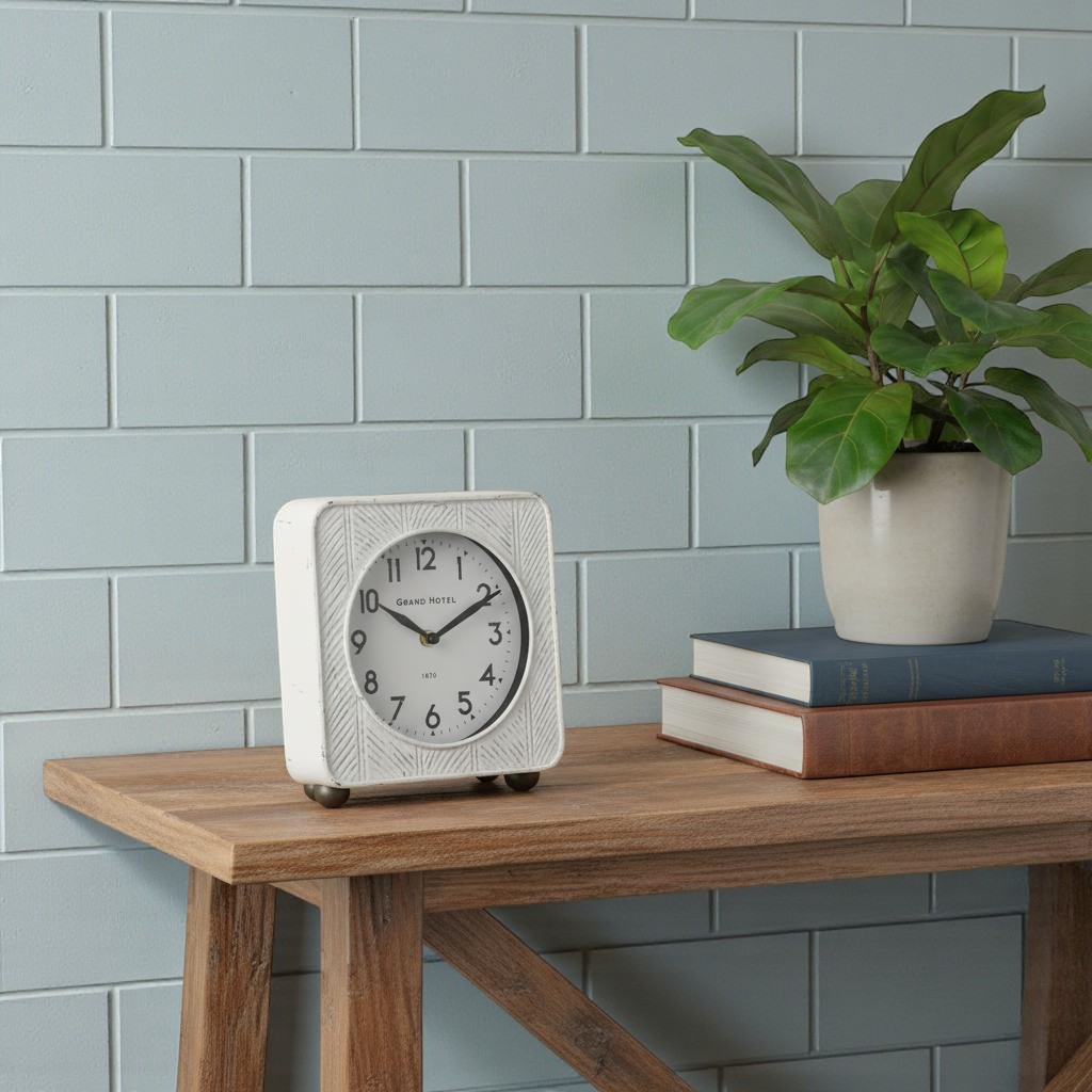 609400 9 in. White Iron Square Table Clock