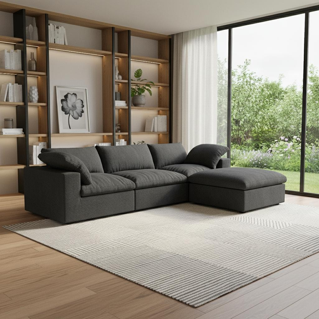 714583 120 in. Black Linen Blend Modular Sofa with Ottoman & Storage