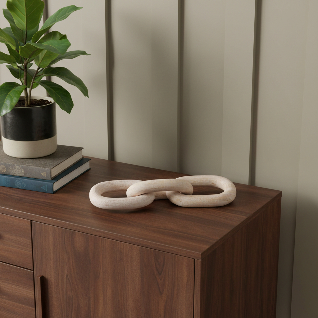 608738 21 in. Natural Solid Wood Geometric Links Tabletop Sculpture