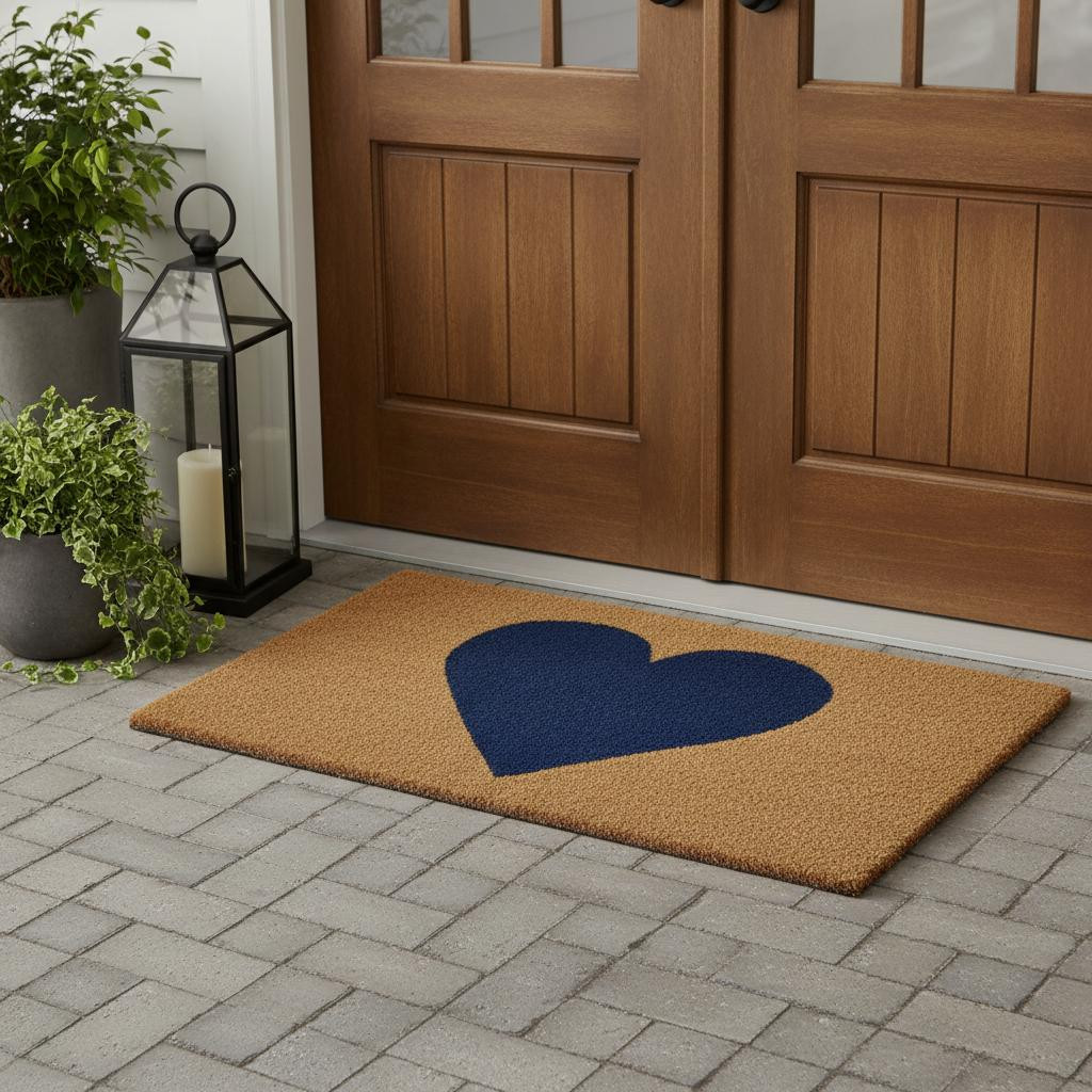 719817 30 x 48 in. Brown & Dark Blue Heart Outdoor Coir Rectangle Door Mat