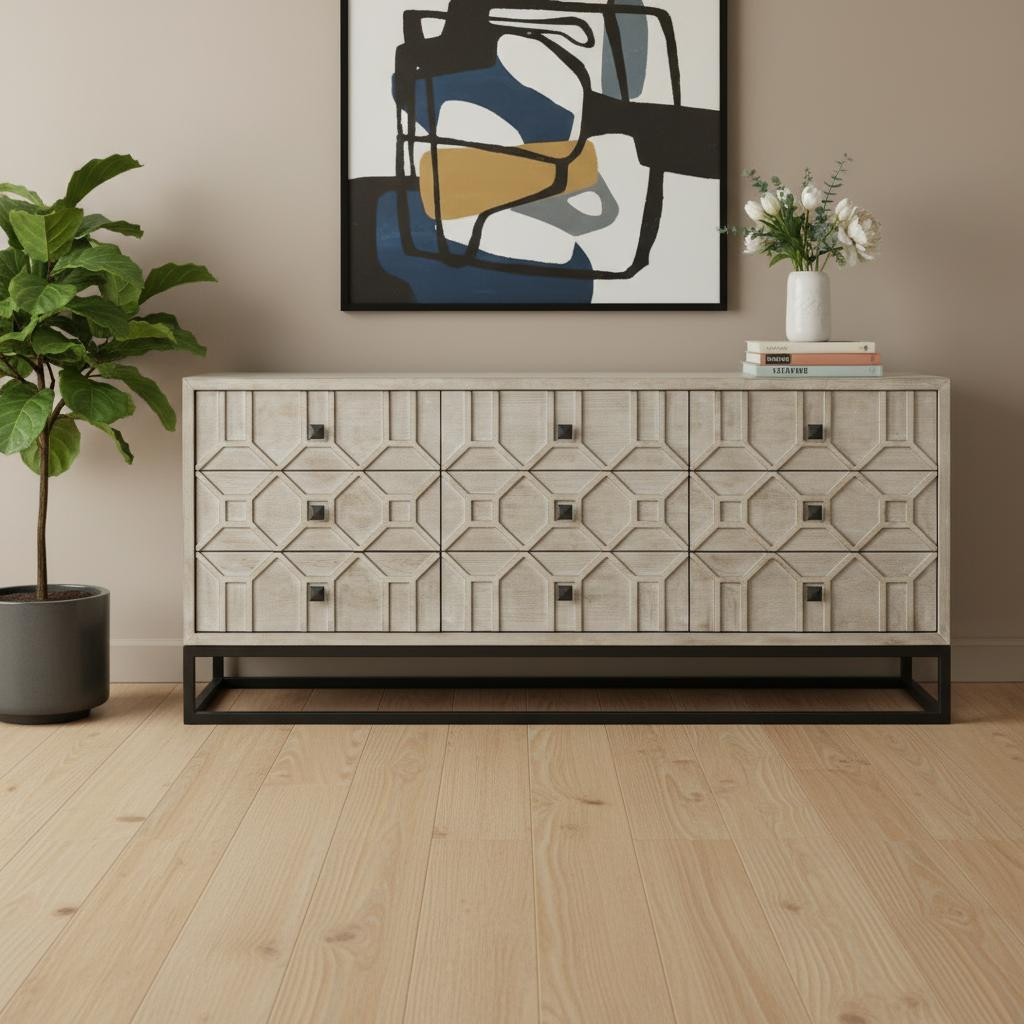 611018 70 in. Light Brown Wood Carved Geometric Nine Drawer Sideboard
