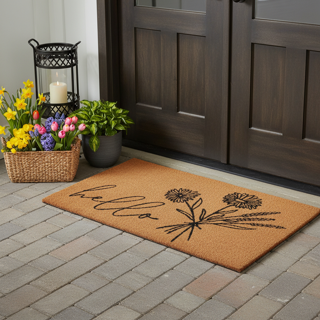 721288 24 x 48 in. Brown & Black Floral Hello Outdoor Coir Rectangle Door Mat