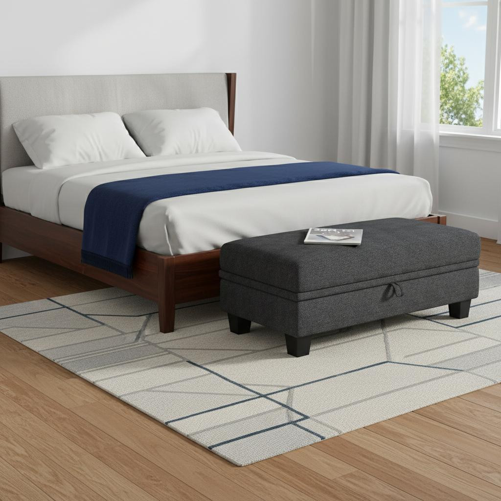 714376 46 in. Gray & Black Chenille Storage Ottoman