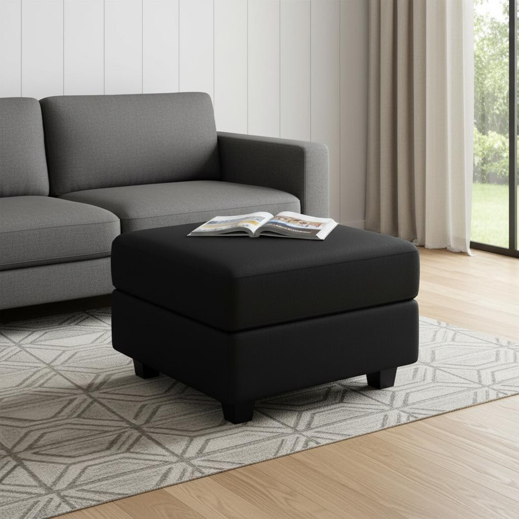 714393 26 in. Black Faux Leather Storage Ottoman