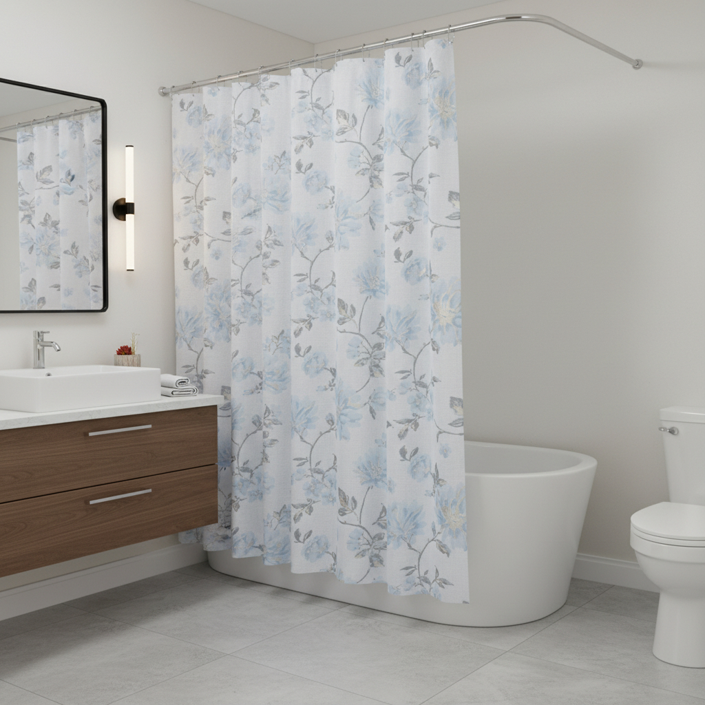 720617 72 in. White Gray & Blue Floral Shower Curtain