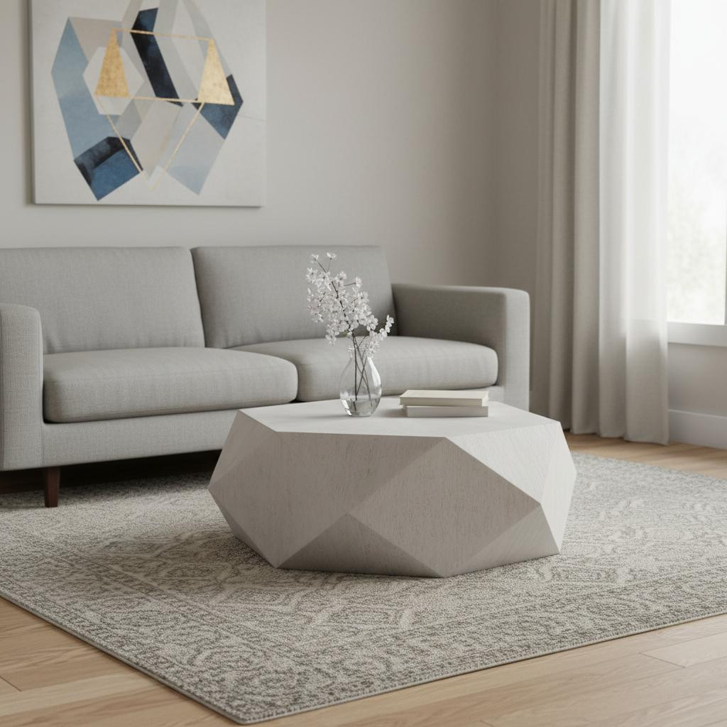 714208 50 in. Gray Wood Hexagon Distressed Block Coffee Table