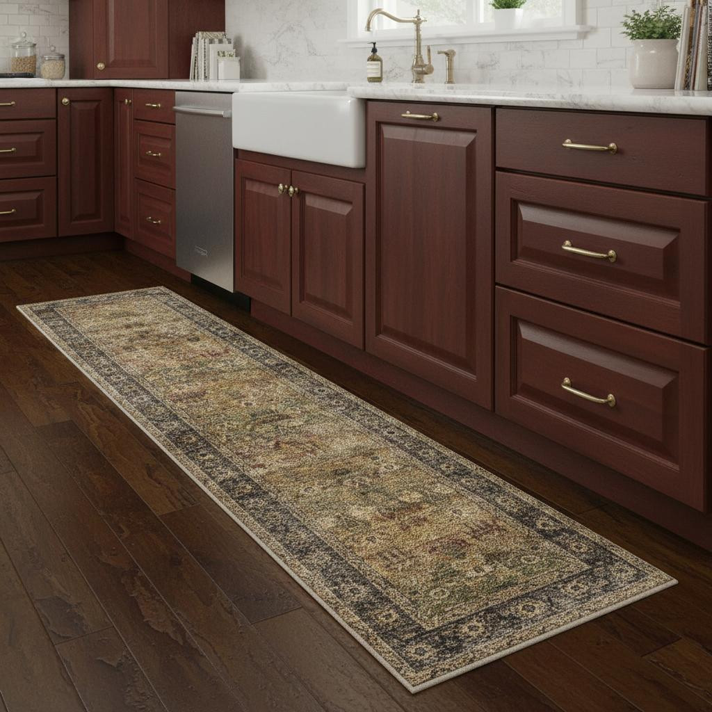 714285 2 x 8 ft. Brown Beige & Green Floral Medallion Washable Runner Rug