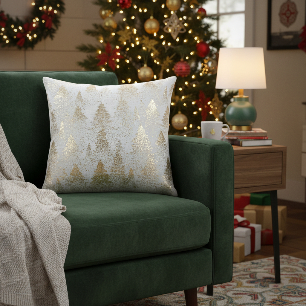 719251 20 in. Ivory & Gold Cotton Winter Trees Throw Pillow
