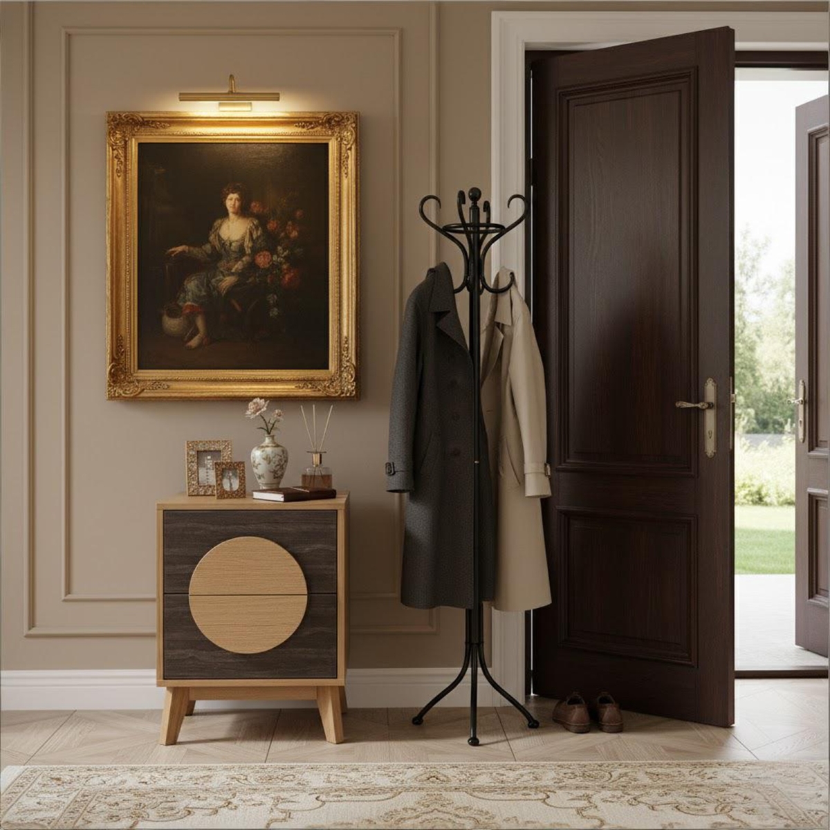 712104 21 in. Oak & Dark Brown Solid Wood Square Two Drawer Nightstand
