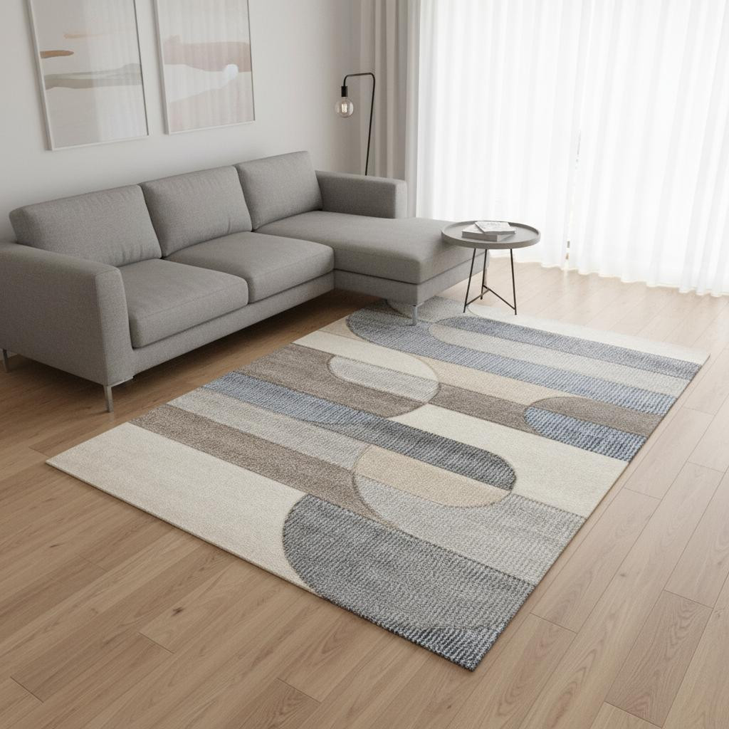 661396 5 x 8 ft. Modern Machine Made Geometric Rectangle Area Rug, Blue & Cream - Brown