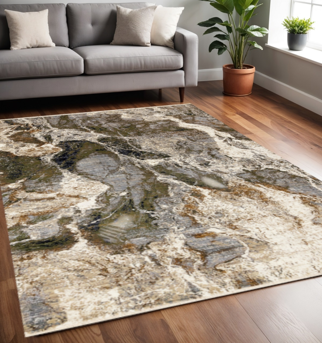 660225 5 x 8 ft. Black Dark Green & Beige Abstract Rectangle Area Rug