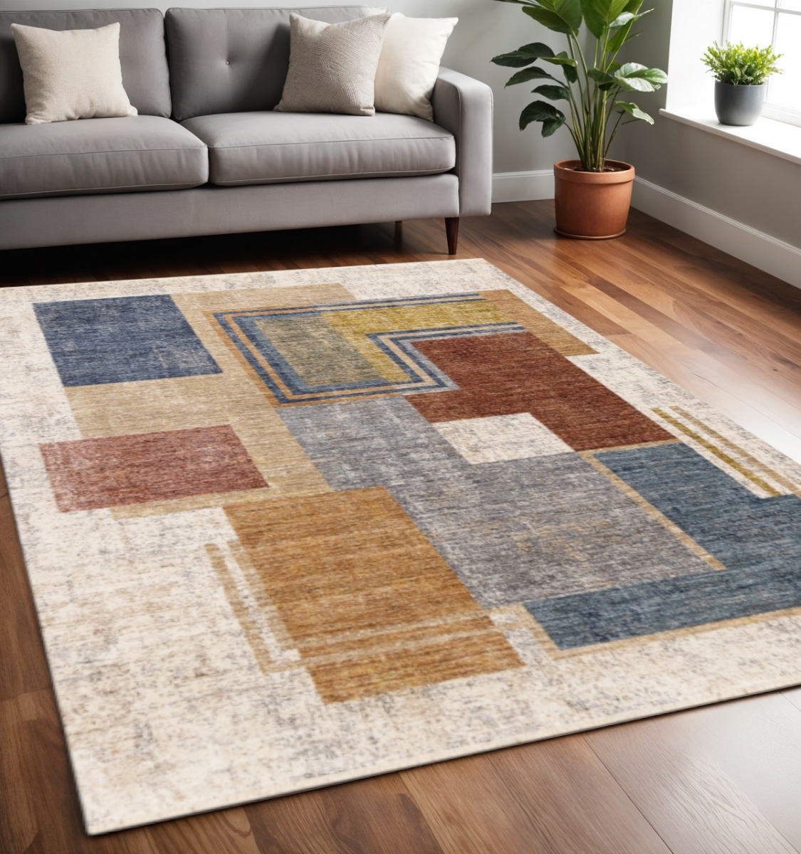 660241 5 x 8 ft. Cream Blue & Brown Geometric Rectangle Area Rug