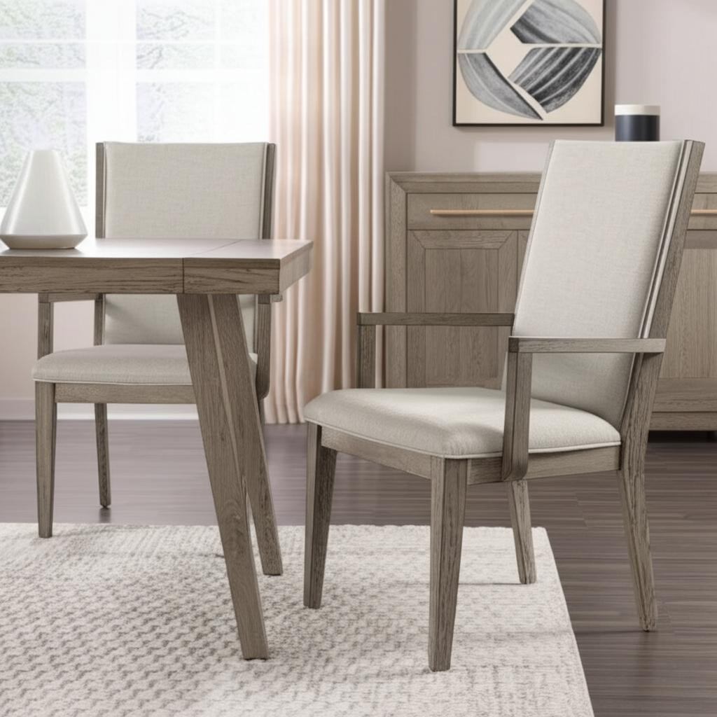 573285 Gray Fabric & Solid Wood Dining Arm Chairs, Set of 2
