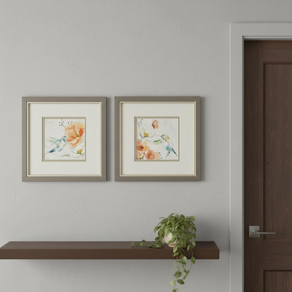 653059 Floral Hummingbird Silver Framed Wall Art, Set of 2