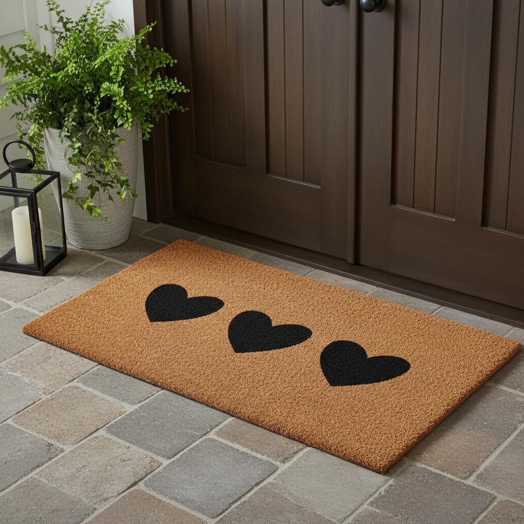 719890 24 x 48 in. Brown & Black Three Hearts Outdoor Coir Rectangle Door Mat