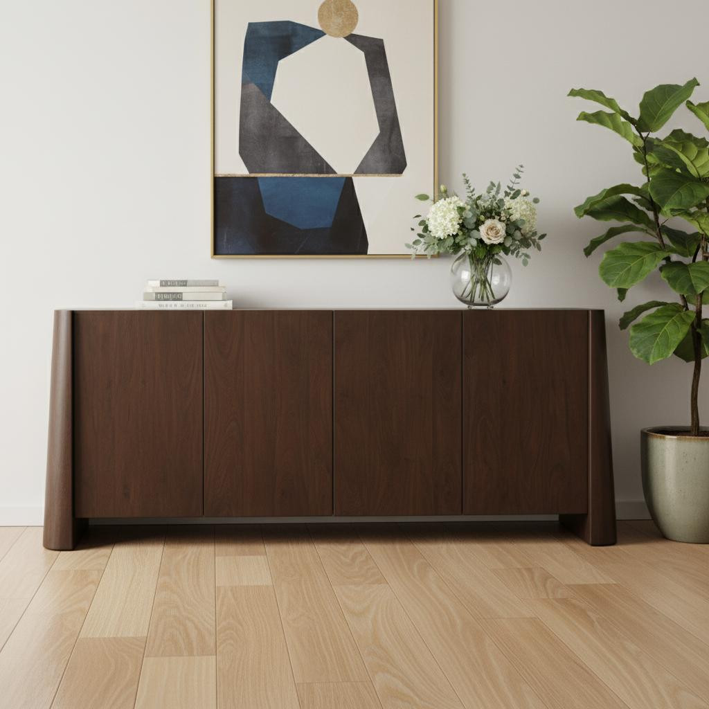 611028 81 in. Brown Solid Wood Sideboard Soft Close with Four Doors